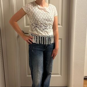 Bershka Cream Lace Top with Fringe